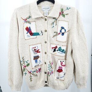 VTG Embroidered Ice Skating Polo Neck Button Cardigan Sweater PL Cotton/…